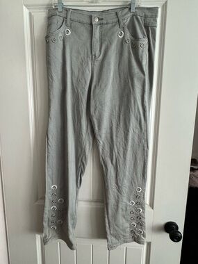 Women's Gray Straight Leg Pants with Silver Eyelet Detail